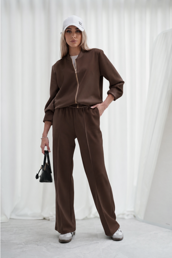 Luksusowy Komplet Damski Masełko Bluza Rozpinana + Spodnie Wide Leg Premium Soft Touch Elegancja & Komfort-brązowy